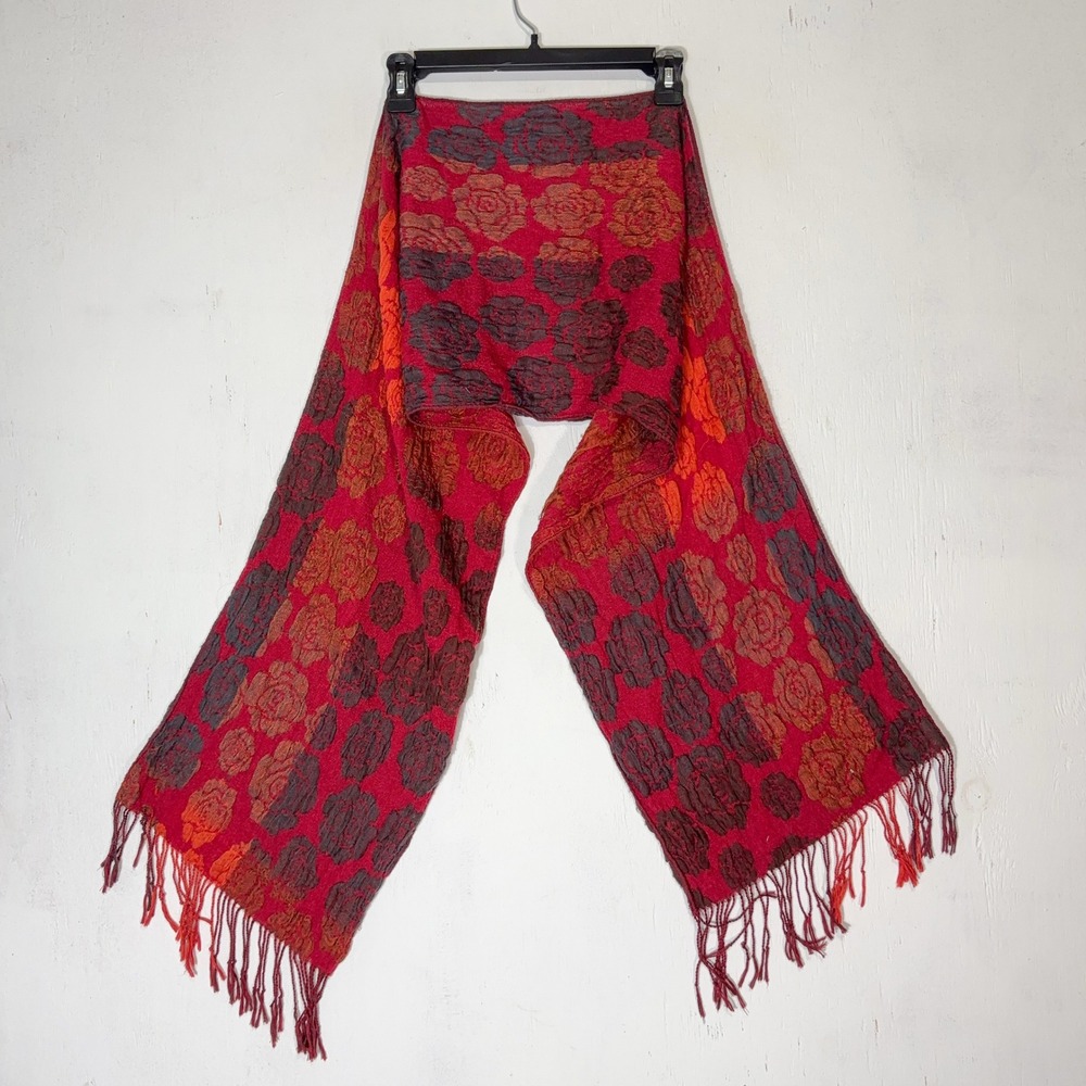 Women's Red Orange Rose Floral Scarf Fringe Tassel Wrap